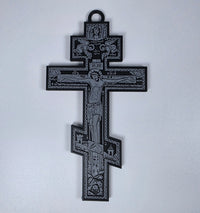 Black 3D-printed Orthodox crucifix with gray iconographic relief and hanging loop