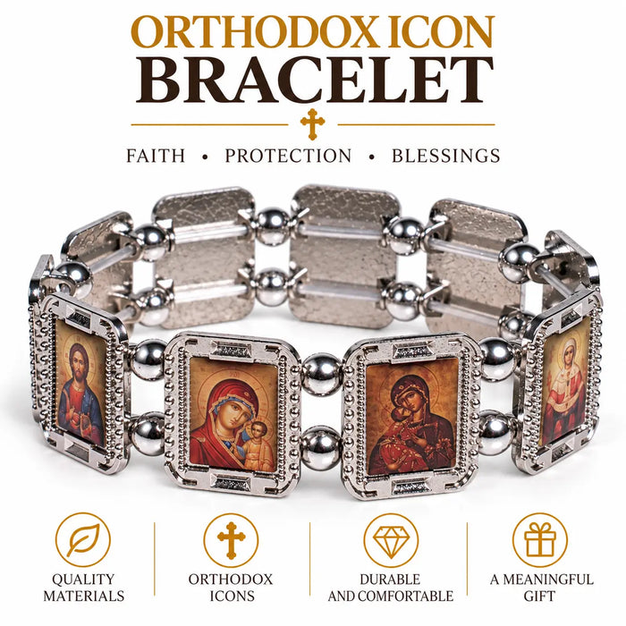 Orthodox Icon Bracelet – Silver-Tone Stretch Bracelet with Saint Icons