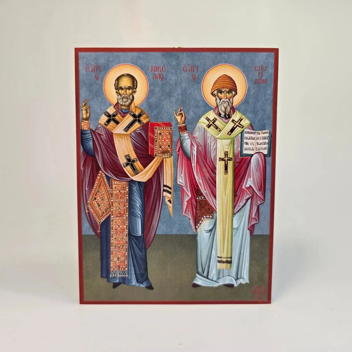 Orthodox icon of St. Nicholas and St. Spyridon in traditional Byzantine style