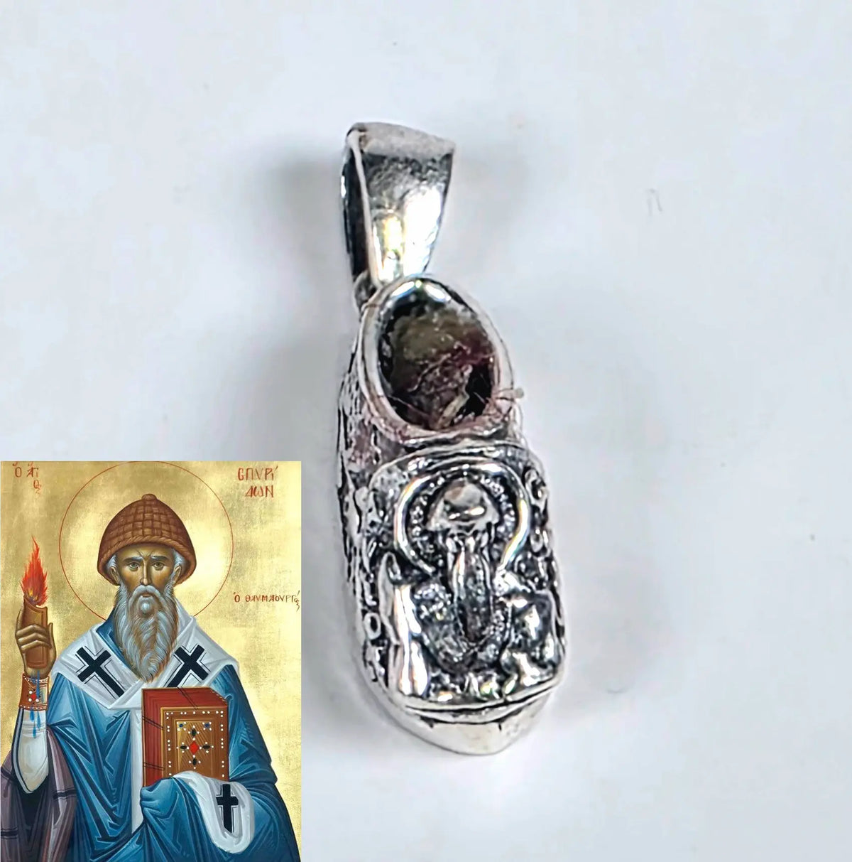 Saint Spyridon Silver Shoe Pendant – With Blessed Cloth within & Blessed Cloth in paper wrap (2 Variants) Sacred Icon House