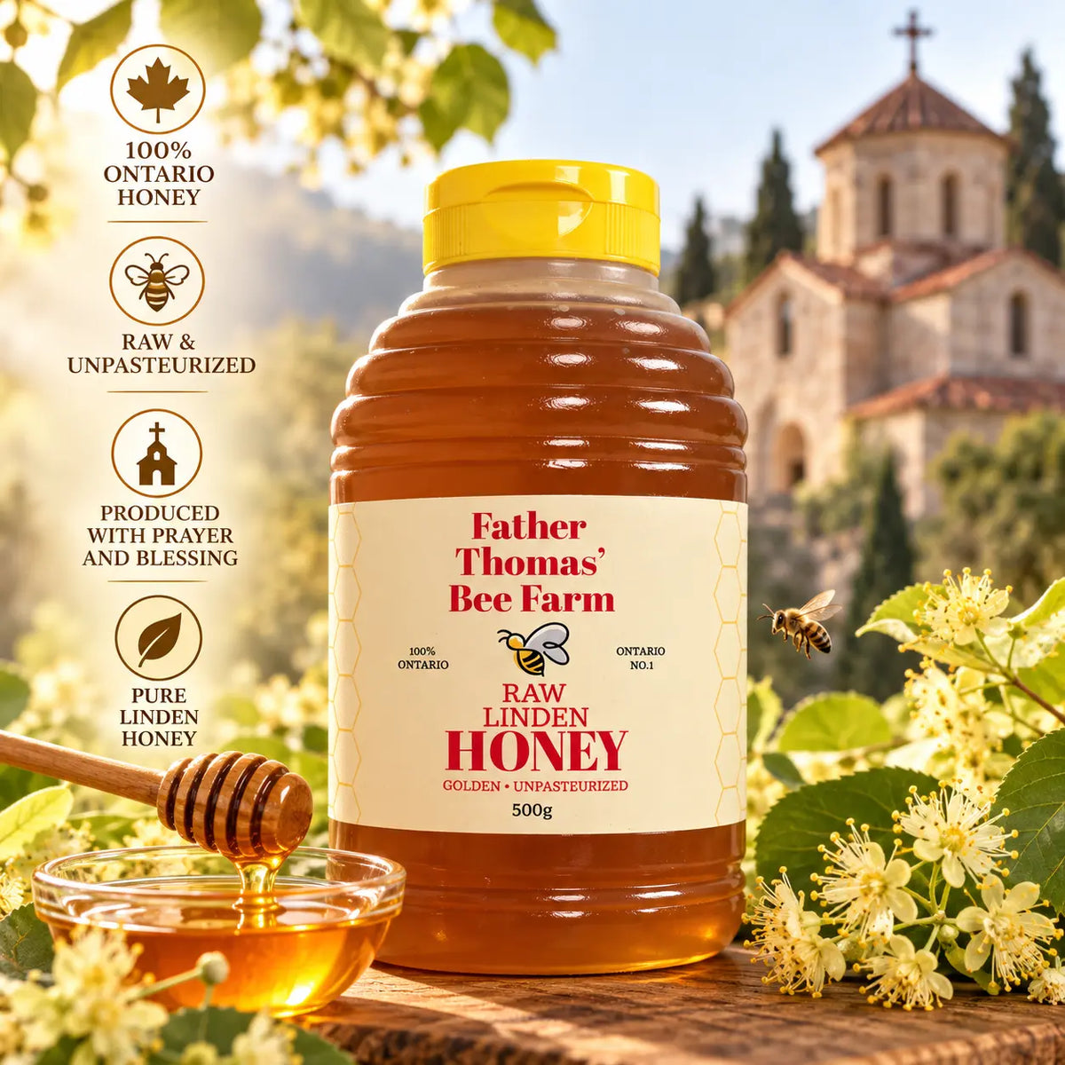 Raw linden (basswood) honey in a 500 g beehive squeeze bottle with yellow flip-top cap, Father Thomas' Bee Farm, Ontario, with linden blossoms, honey dipper and a bee