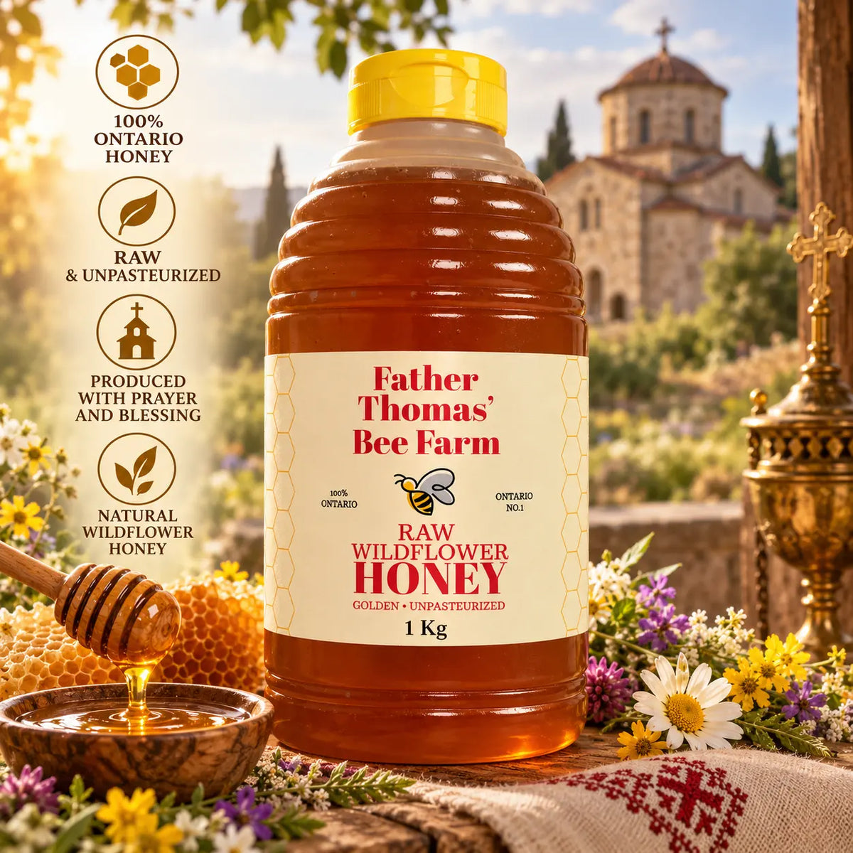 Raw wildflower honey in a 1 kg beehive squeeze bottle with yellow flip-top cap, Father Thomas' Bee Farm, Midland, Ontario, with honeycomb, honey dipper and wildflowers