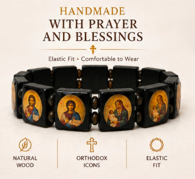 Orthodox Icon Bracelet – Wooden Stretch Bracelet with Sacred Images Church Icon Store
