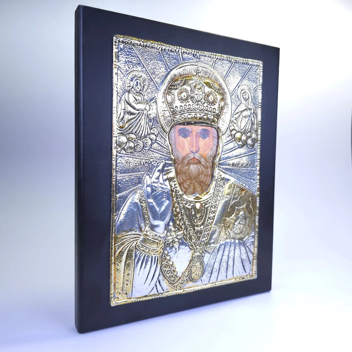 Saint Nicholas Orthodox icon silver plated icon on blue background religious wall art