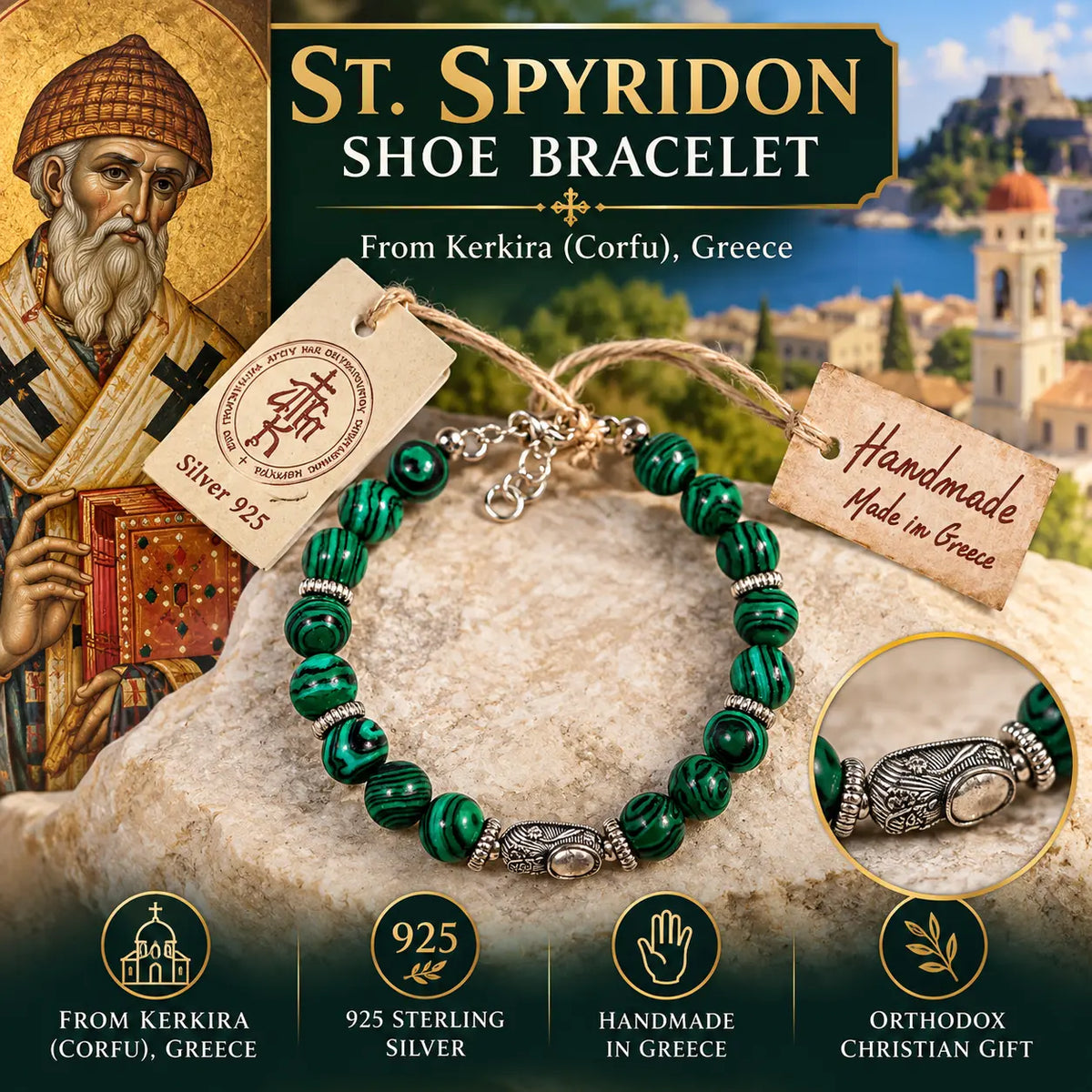 Saint Spyridon Bracelet Blessed in Corfu – 925 Silver Agate Orthodox Bracelet Church Icon Store